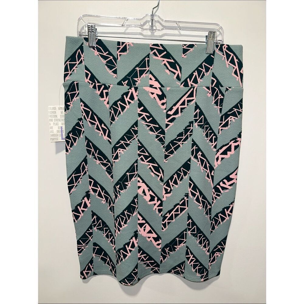 LuLaRoe L Cassie Mint Green Dark Teal Blue Geo Print Pull On Pencil Skirt
